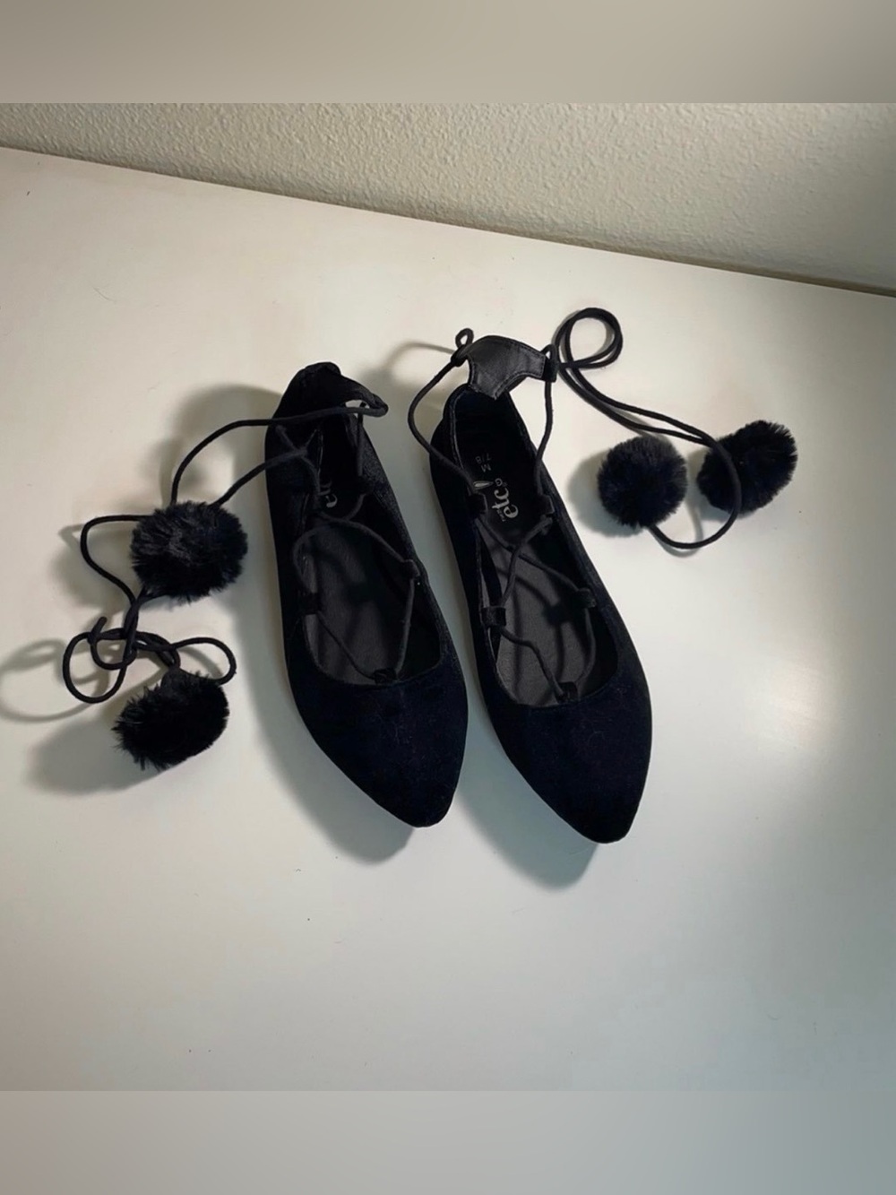 NWT Modcloth Black Lace-Up Pom Pom Ballet Flat - Picture 2 of 6